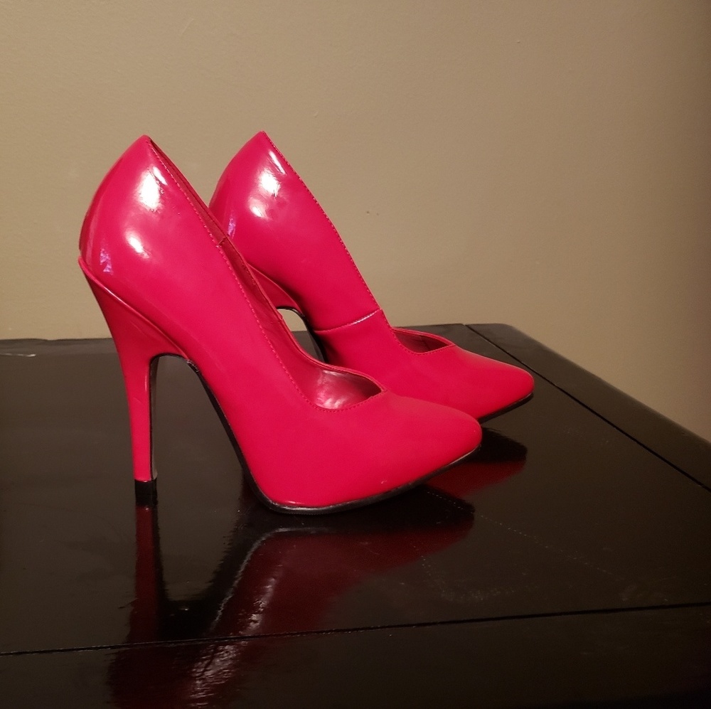 Red "patent leather" 5 inch heels- size 6